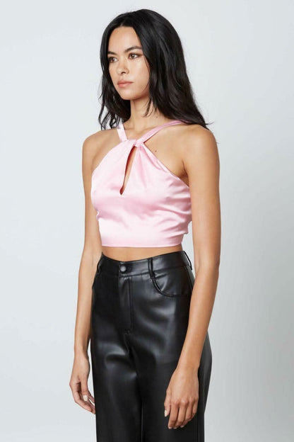 Not So Basic Pink Satin Keyhole Cropped Halter Top