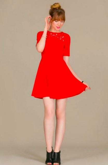 Maggie Red Crochet Trim Skater dress