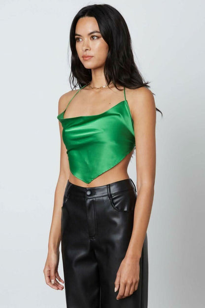 Not So Basic Kelly Green Satin Cowl Neck Halter Crop Top