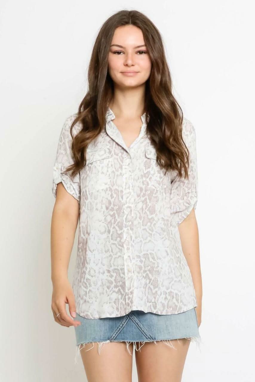 Elsa Khaki Snake Print Button-Up Top