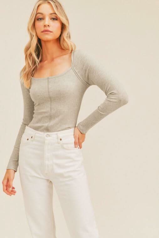 Lush Missing You Heather Grey Ribbed Long Sleeve Top