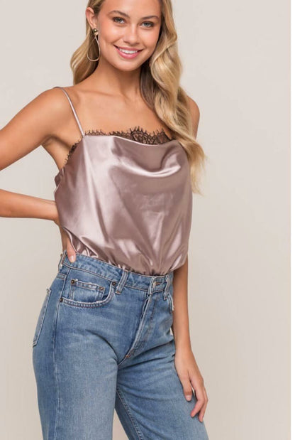 Do Better Dark Taupe Lace Satin Sleeveless Bodysuit