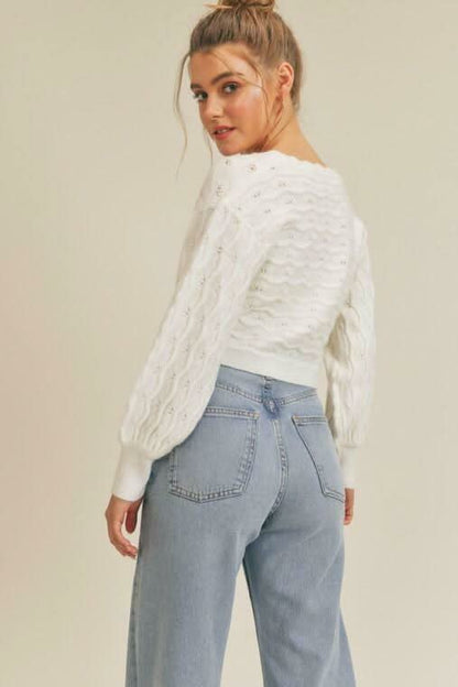 Lush White Pointelle Knit Cropped Cardigan Sweater