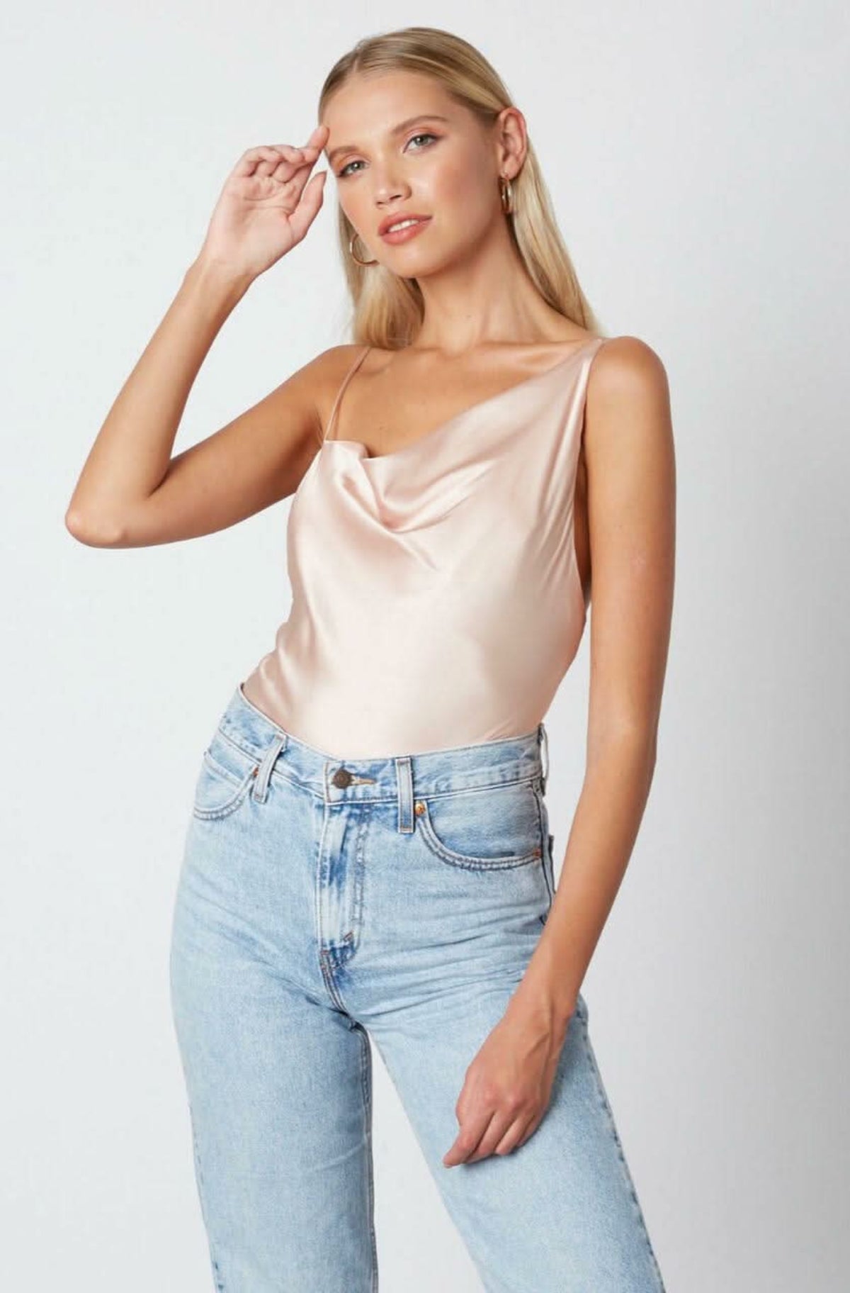 Gabrielle Champagne Satin Cowl Neck Tank Top