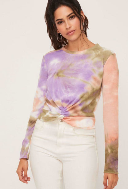 I Know You Do Peach and Olive Tie-Dye Twist Top