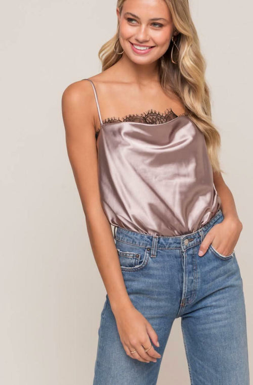 Do Better Dark Taupe Lace Satin Sleeveless Bodysuit