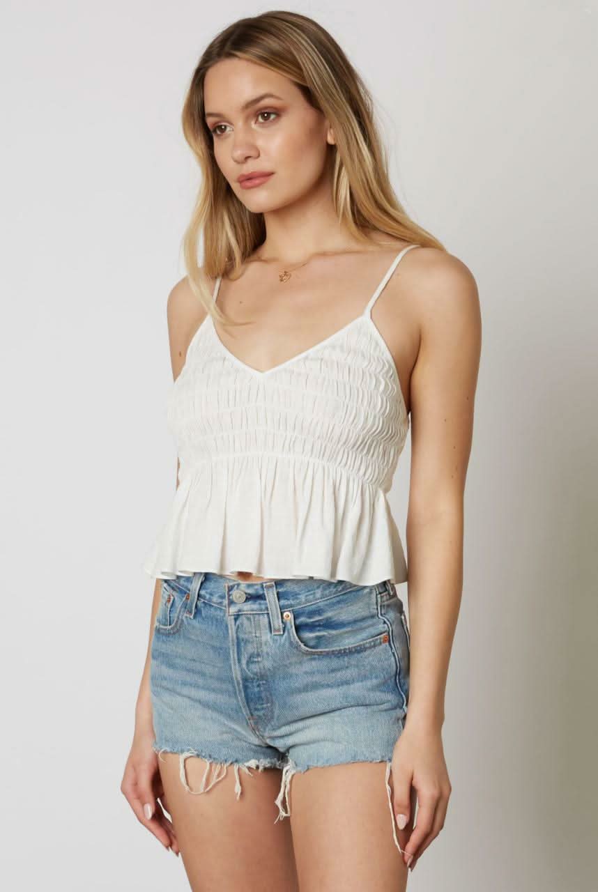 Gina White Smocked V-Neck Ruffled Cropped Tank Top