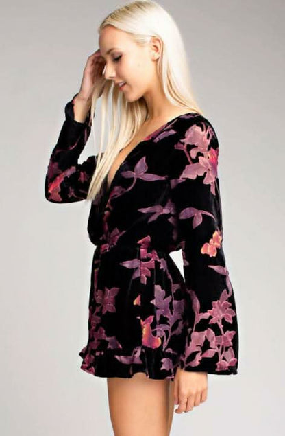 Oh My Black Floral Velvet Bell Sleeve Romper