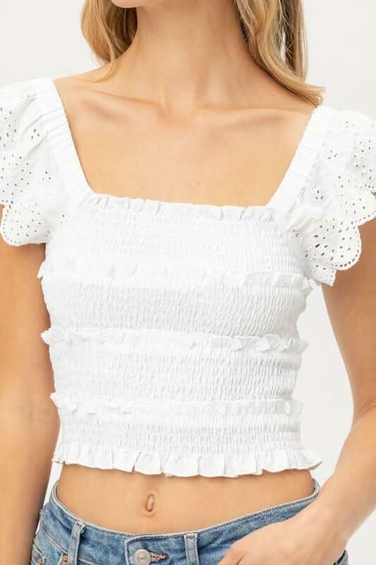 Monika White Smocked Ruffle Crop Top