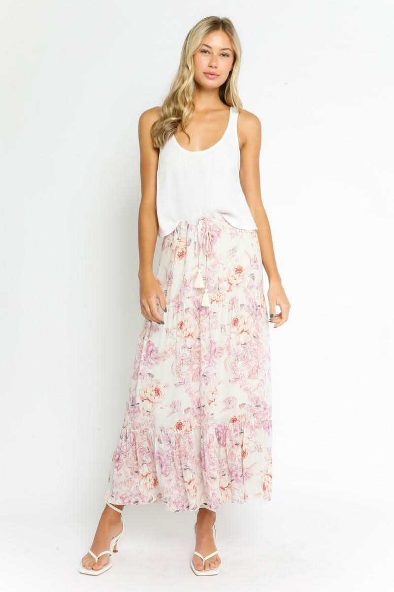 Daphne Ivory Floral Print Ruffle Midi Skirt