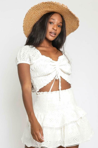 Daybreak White Eyelet Drawstring Crop Top