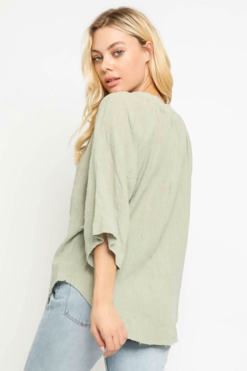 Fiona Sage Green Three-Quarter-Sleeve Top
