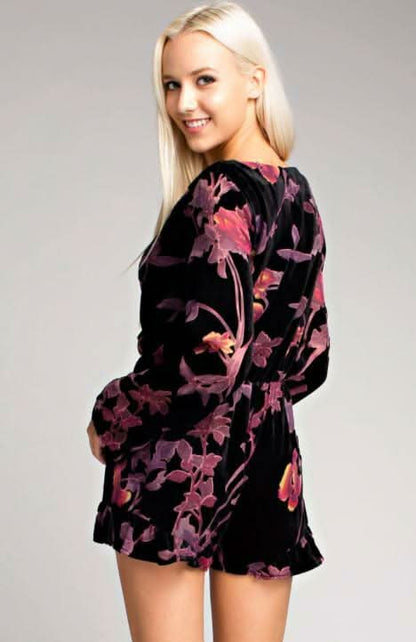 Oh My Black Floral Velvet Bell Sleeve Romper