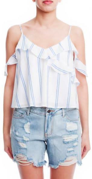 Meg White and Blue Striped Ruffle Top