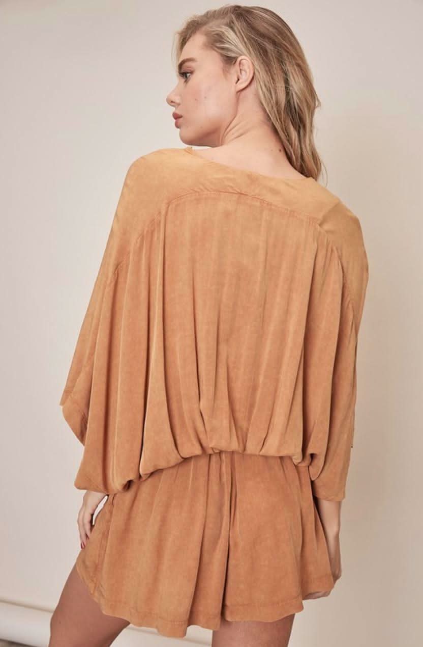 Dana Mustard Tie-Dye Dolman Sleeve Surplice Romper
