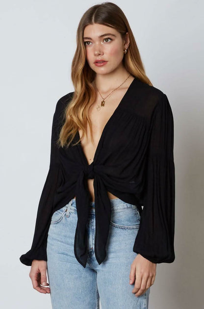 Gia Black Long Sleeve Tie-Front Crop Top