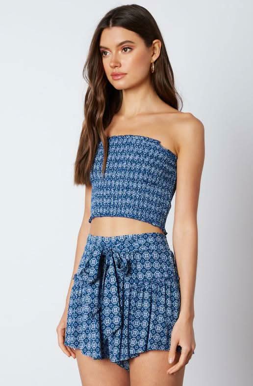 Mykonos Blue Print Cropped Two-Piece Skort Set