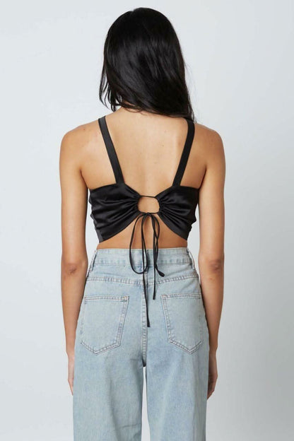 Not So Basic Black Satin Keyhole Cropped Halter Top