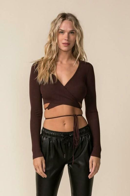 Falling For You Brown Wrap Cropped Sweater Top