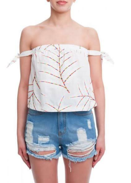 Palm Meadow White Off-Shoulder Tie Sleeve Top