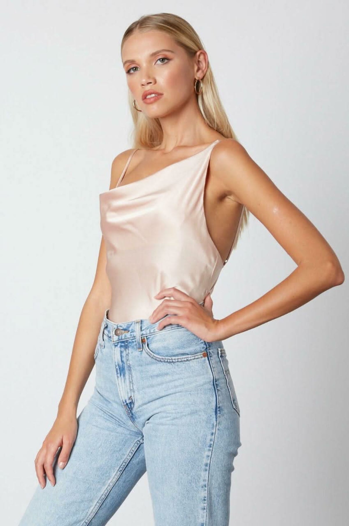 Gabrielle Champagne Satin Cowl Neck Tank Top