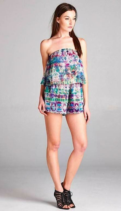 Escape Jewel Print Strapless Romper