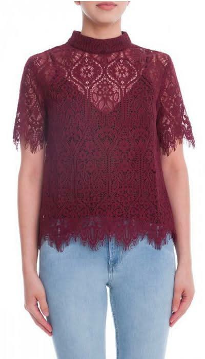 Meet Me Later Burgundy Lace Mock Neck Top