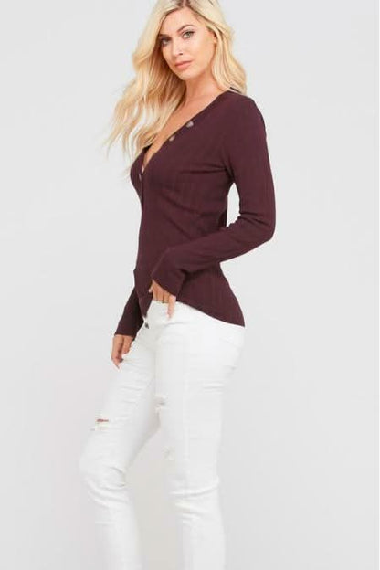 Gina Eggplant Knit Button-Up Long Sleeve Sweater Top