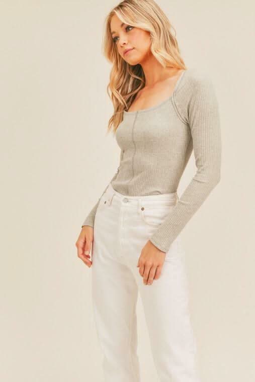 Lush Missing You Heather Grey Ribbed Long Sleeve Top
