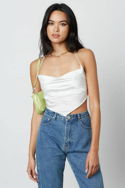 Not So Basic White Satin Cowl Neck Halter Crop Top