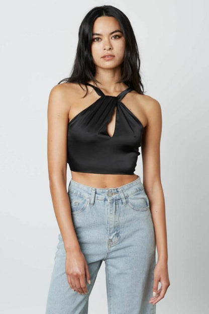 Not So Basic Black Satin Keyhole Cropped Halter Top