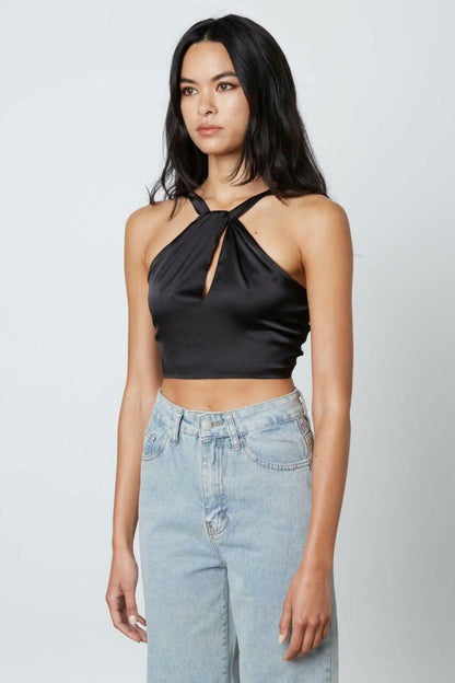Not So Basic Black Satin Keyhole Cropped Halter Top