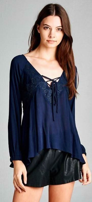Love Yourself Navy Lace-Up Blouse