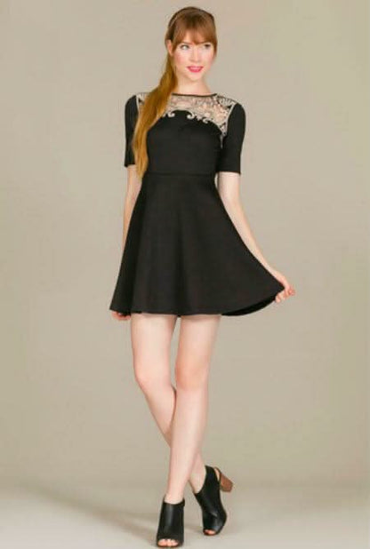 Maggie Black Crochet Trim Skater Dress