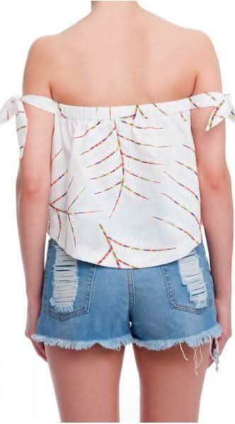 Palm Meadow White Off-Shoulder Tie Sleeve Top