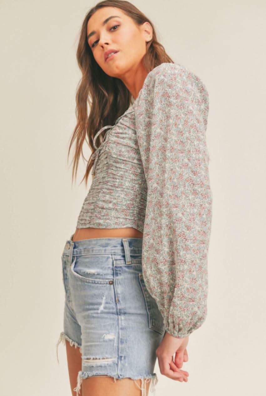 Lush Sweet Blooms Dusty Blue Floral Print Long Sleeve Crop Top