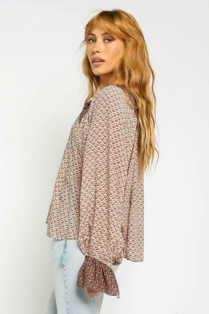 Dulce Rust Print Balloon Sleeve Top