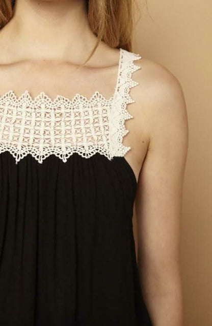 Peaches and Dream Black Crochet Trim Tank Top
