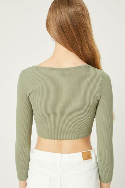 Get Set Olive Ribbed Three-Quarter Sleeve Crop Top