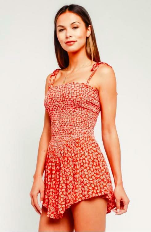Monika Orange Leaf Print Smocked Romper