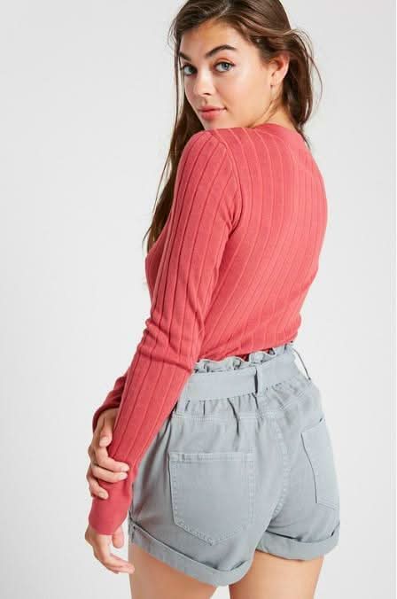 Gina Brick Red Knit Button-Up Long Sleeve Sweater Top