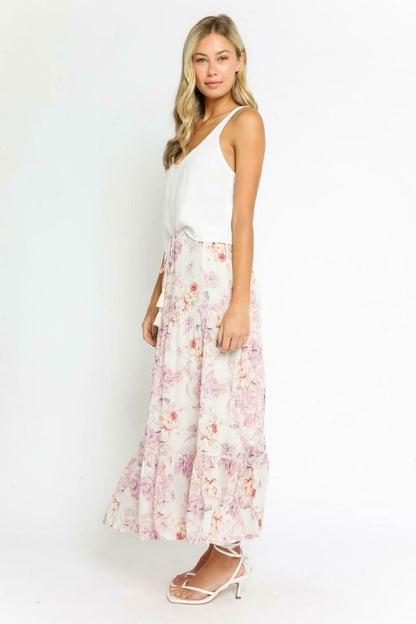 Daphne Ivory Floral Print Ruffle Midi Skirt