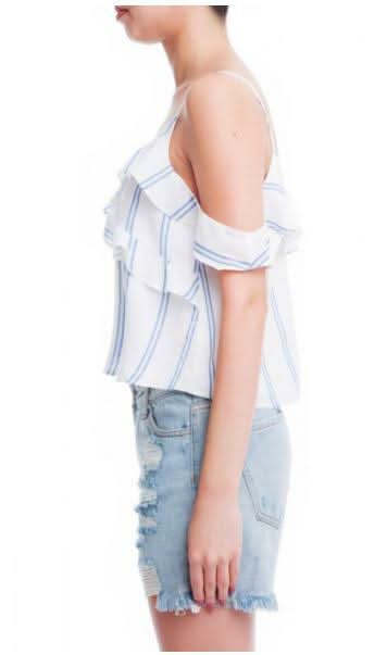 Meg White and Blue Striped Ruffle Top