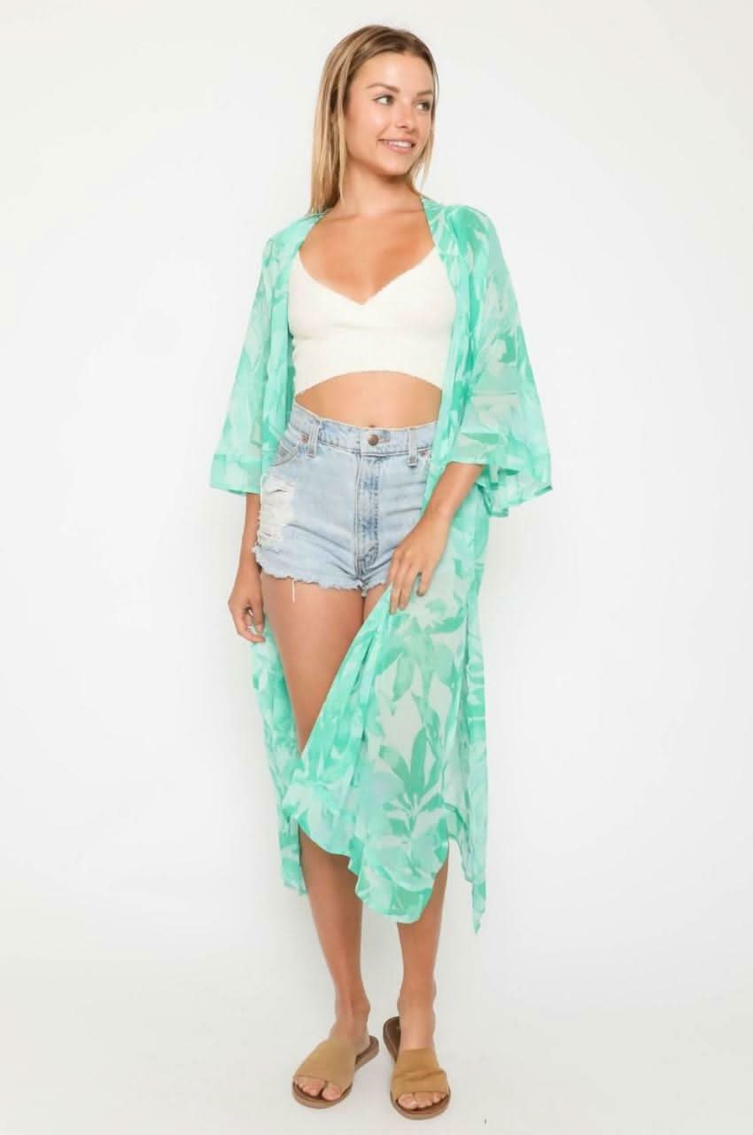 Daydream Mint and Aqua Leaf Print Kimono