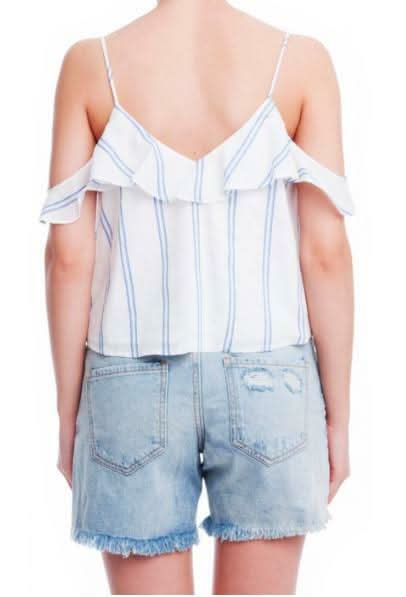 Meg White and Blue Striped Ruffle Top
