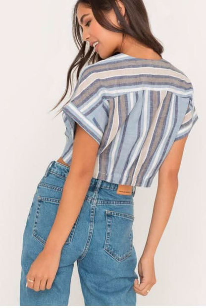 Electra Denim Stripe Print Tie-Front Crop Top