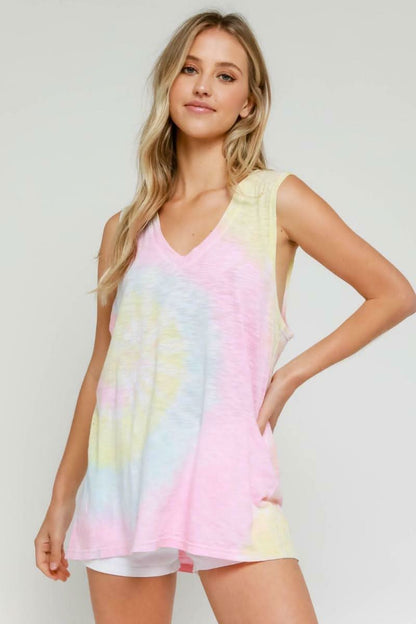 Groovy Vibes Pink and Blue Tie-Dye V-Neck Tank Top