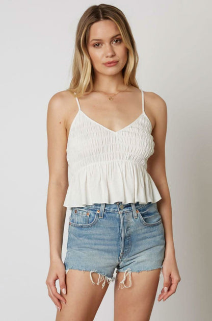 Gina White Smocked V-Neck Ruffled Cropped Tank Top