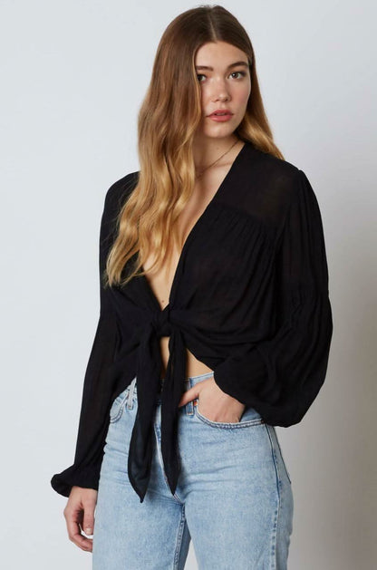 Gia Black Long Sleeve Tie-Front Crop Top