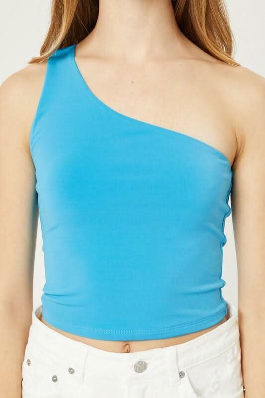 Elsa Turquoise Blue One-Shoulder Cropped Tank Top